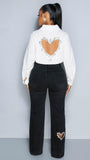 LIA WHITE RHINESTONES HEART OPEN BACK SHIRT