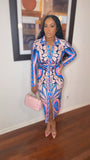 HILLARY BLUE PINK PRINT DRAPED BUTTONED MAXI DRESS