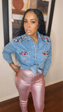 “Such A lady”  Oversized Rhinestones Denim Top