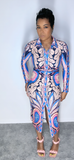 HILLARY BLUE PINK PRINT DRAPED BUTTONED MAXI DRESS