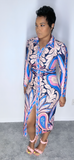 HILLARY BLUE PINK PRINT DRAPED BUTTONED MAXI DRESS